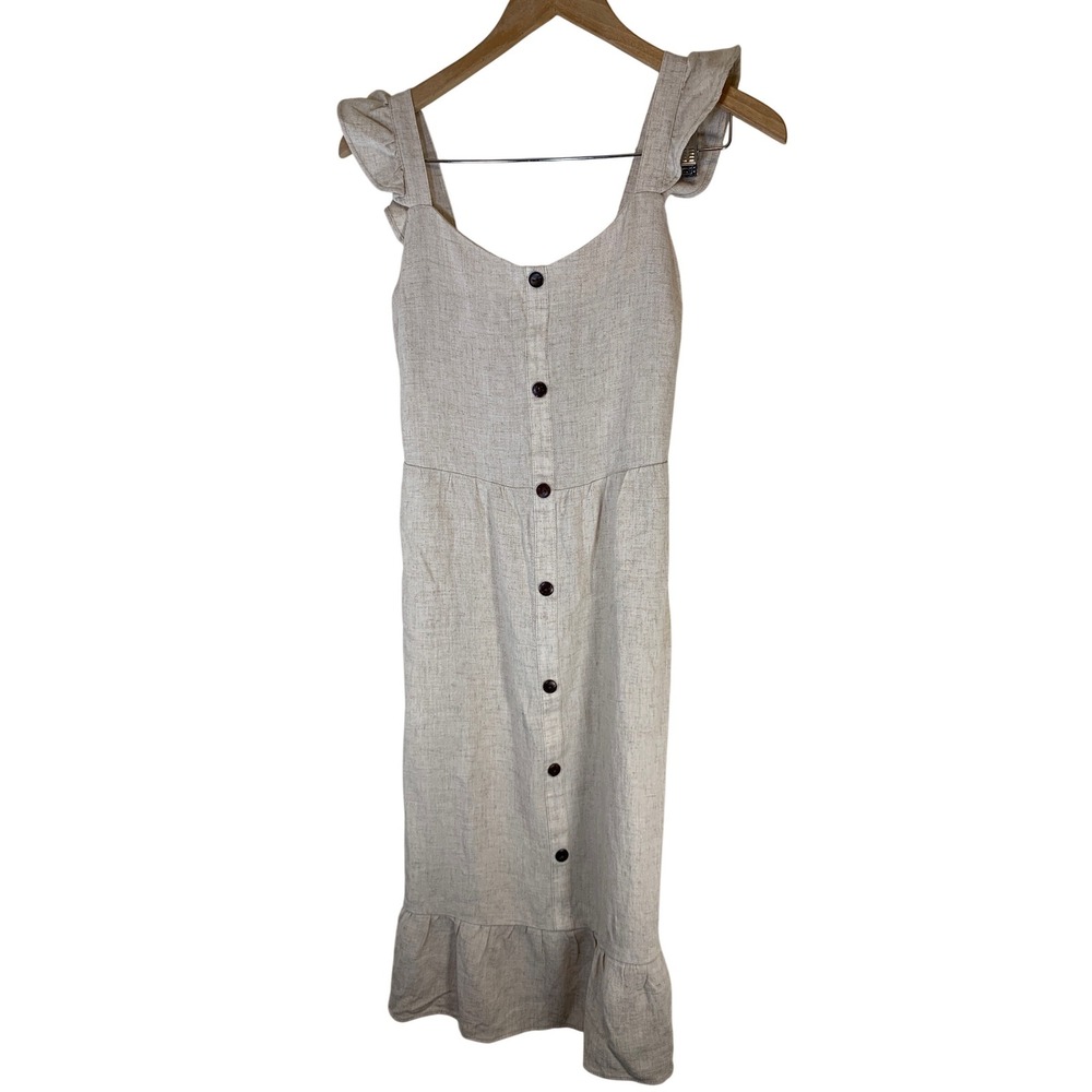 Linen‎ prairie earthy Ruffle Strap Button Front Dress S Cottagecore Boho costal